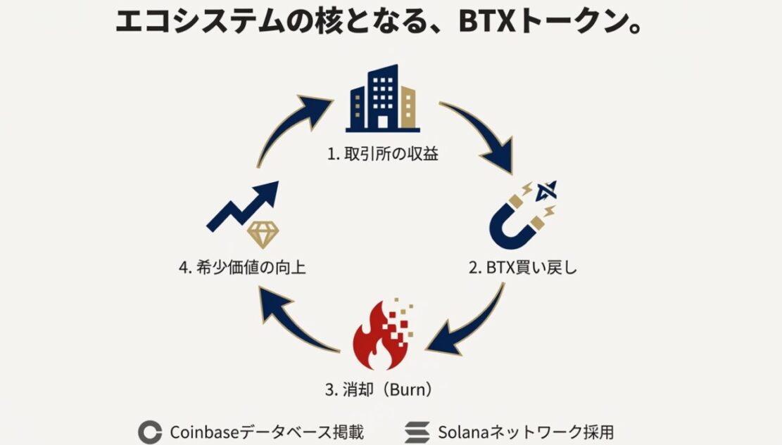 取引所の収益でBTXを買い戻し、消却(バーン)することで希少価値を向上させるサイクル。Coinbaseデータベース掲載やSolanaネットワーク採用も明記。