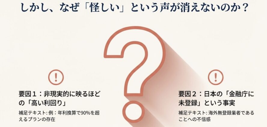 年利90%を超える高い利回りと、日本の金融庁に未登録である事実が不信感の要因であることを説明するスライド