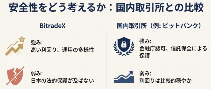利回り重視のBitradeXと、金融庁認可・信託保全により安全性を最優先する国内取引所（ビットバンク）の強み・弱みを比較した表スライド