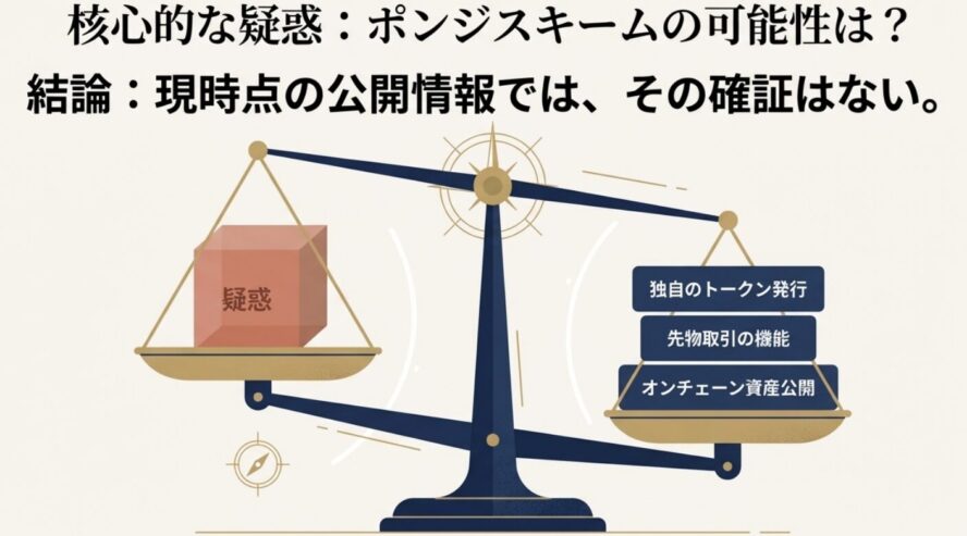 ポンジスキームの確証はないとし、独自のトークン発行やオンチェーン資産公開など実体のある機能を天秤にかけて比較したスライド