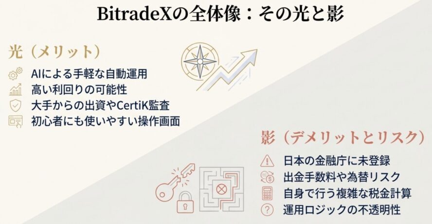 AIによる手軽な運用などの「光（メリット）」と、金融庁未登録や税金計算などの「影（リスク）」を対比させた全体像のスライド