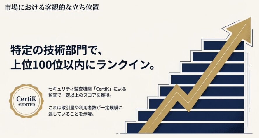 特定技術部門で上位100位以内にランクインしていることや、セキュリティ監査機関CertiKで一定のスコアを獲得していることを示すスライド