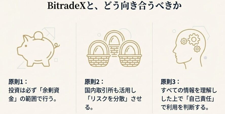 余剰資金での運用、国内取引所とのリスク分散、自己責任での判断という、BitradeXと向き合うための3つの原則を示したスライド