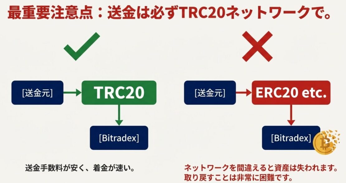 正しいTRC20ネットワークと誤ったERC20等のネットワークを比較した図解。ネットワーク間違いによる資産紛失の警告。