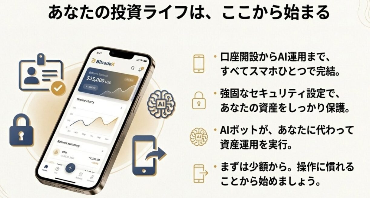 BitradeXの資産運用ダッシュボード画面と口座開設完了後の活用イメージ