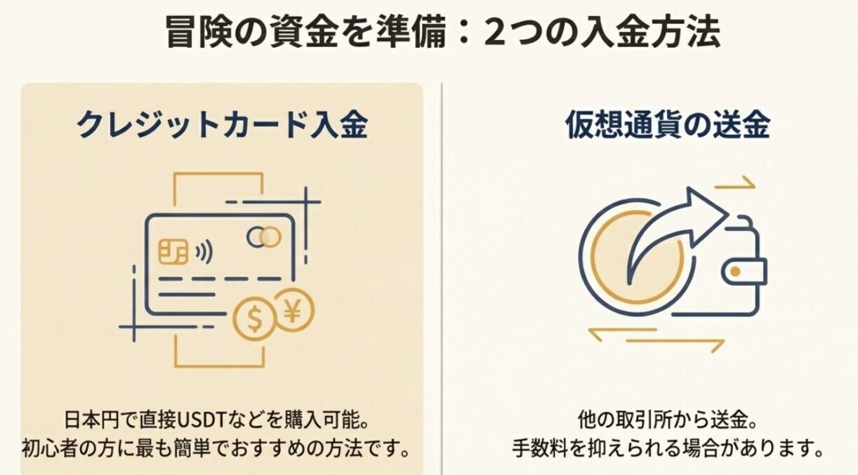 BitradeXへの入金方法:クレジットカード購入と仮想通貨送金の比較