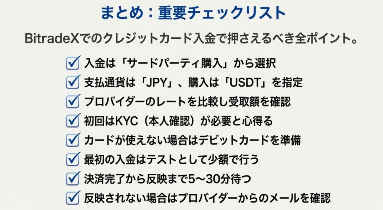 BitradeXクレジットカード入金の重要チェックリストまとめ