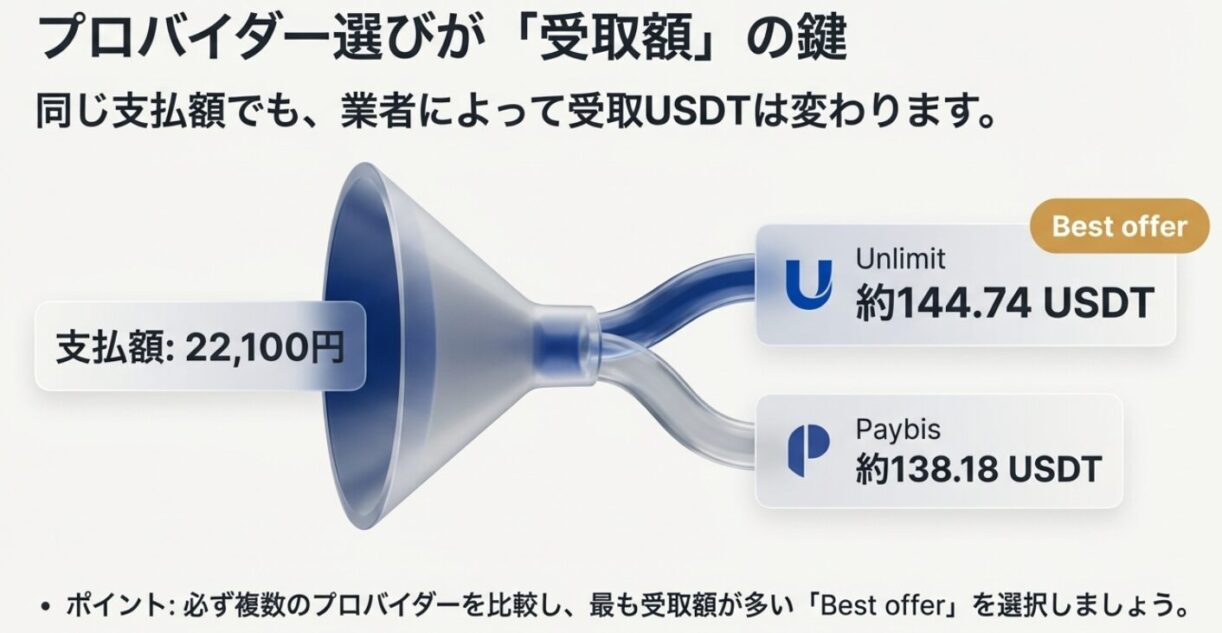 決済プロバイダーごとのUSDT受取額の比較イメージ