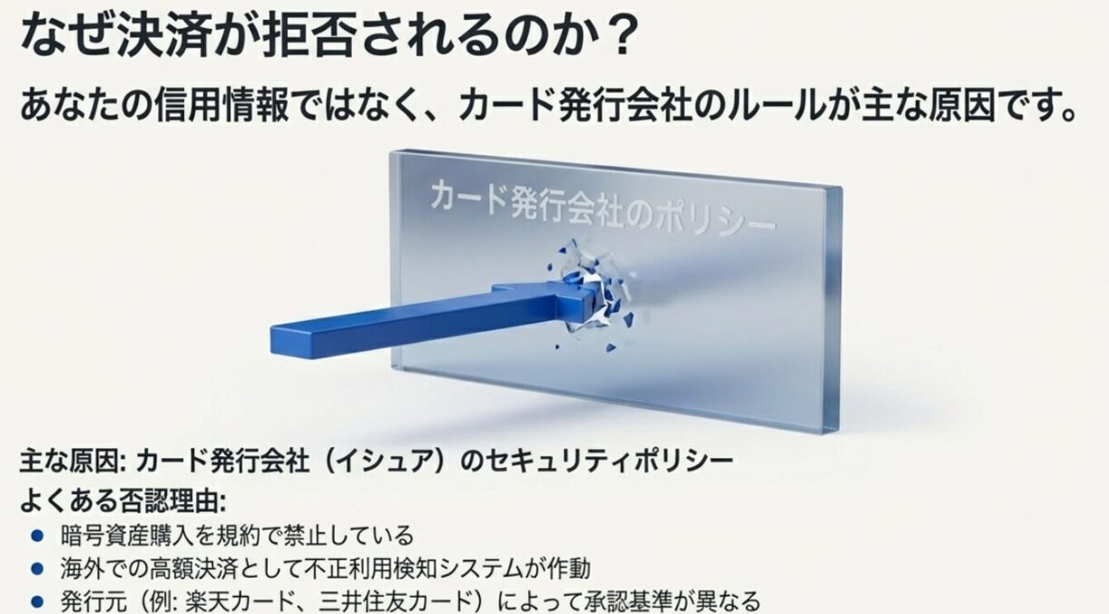 クレジットカード会社による暗号資産決済拒否のイメージ図