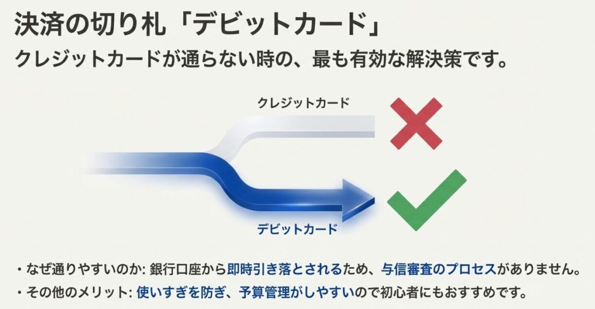 クレジットカードが使えない場合のデビットカード活用イメージ