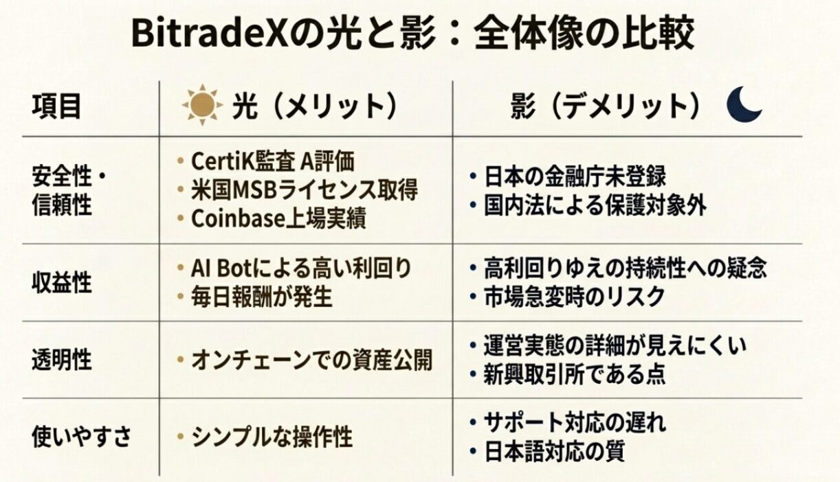 BitradeXのメリットとデメリットを比較した一覧表