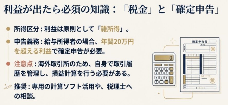 利益が雑所得に区分されることや、年間20万円超で確定申告が必要になるルールを電卓と申告書のイラストで示したスライド