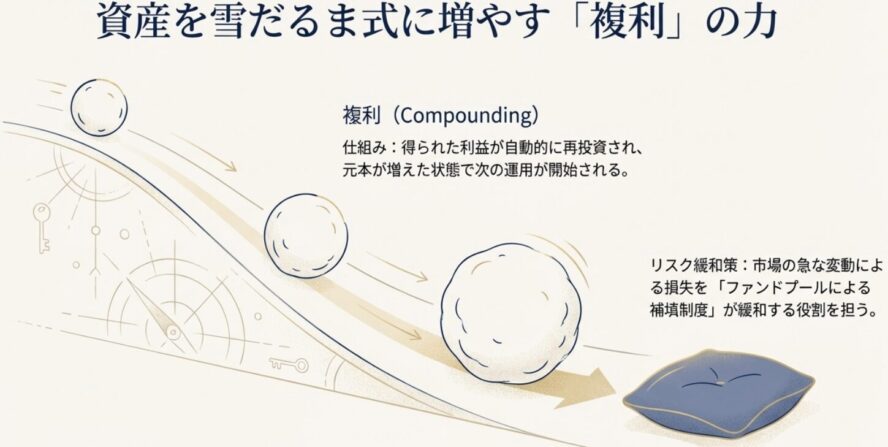利益を自動的に再投資して元本を増やす複利の力と、損失を緩和するファンドプールによる補填制度を解説したスライド