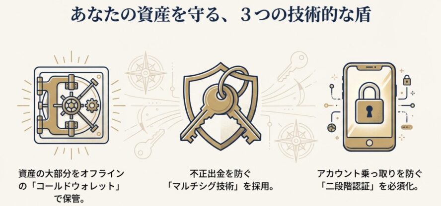 コールドウォレットでの保管、マルチシグ技術、二段階認証の必須化という3つの盾を表現したイラストスライド