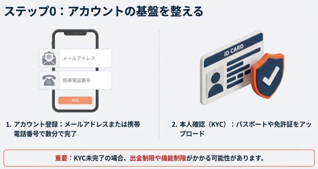 BitradeXのアカウント登録に必要なメールアドレス、電話番号、本人確認書類（KYC）の準備物一覧。