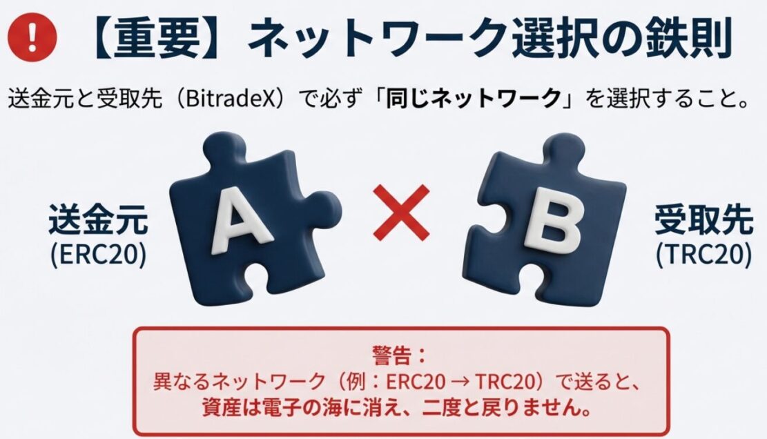 送金元と受取先で同じネットワークを選択する重要性。異なるネットワークで送金すると資産が消失する警告図。