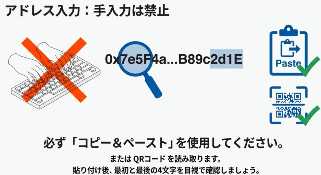 出金アドレスの手入力が禁止であることを示す図。キーボード入力にバツ印が付き、コピー＆ペーストやQRコード読み取りの使用を推奨している。
