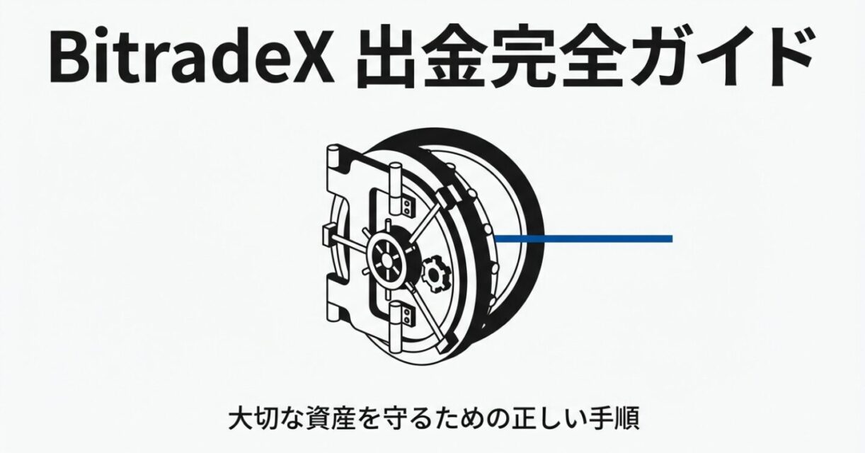 BitradeXの安全な出金マニュアルの表紙。堅牢な金庫のイラストが描かれ、大切な資産を守るための正しい手順であることを示唆している。