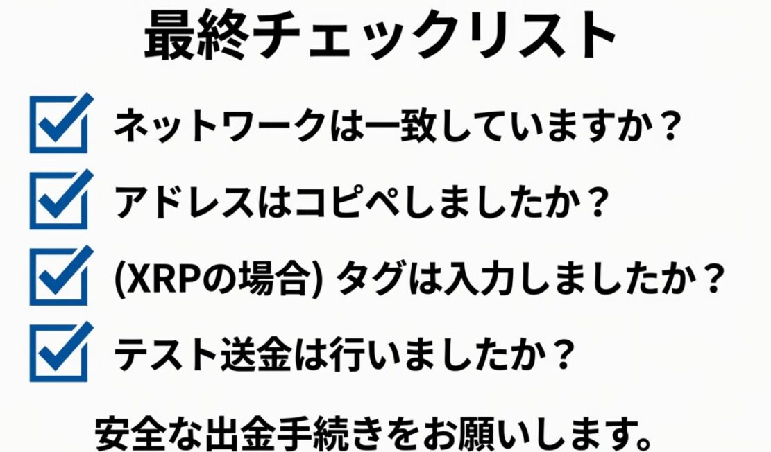 出金前の最終確認リスト。ネットワークの一致、アドレスのコピペ、XRPタグの入力、テスト送金の実施など、安全な出金のために確認すべき項目が一覧になっている。